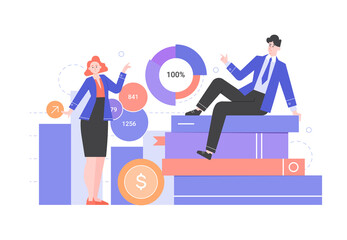 People in business suits, charts, graphs and books. Financial education. Money management, income, cost reduction. Vector flat illustration.