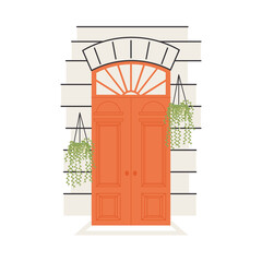 orange front door with plants hanging vector design