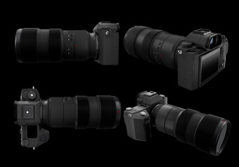 Concept of nonexistent DSLR camera with lens isolated on a black background.
