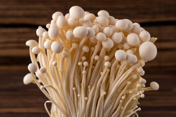 Fresh Enoki mushrooms on black background with selected focus.Enoki, also known as velvet shank, is a species of edible mushroom in the family Physalacriaceae.