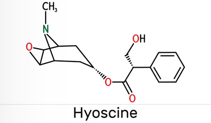 Hyoscine, scopolamine. L-Scopolamine molecule. It is natural plant alkaloid, psychoactive, anticholinergic, antimuscarinic drug. Skeletal chemical formula. Illustration