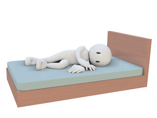 3D RENDER ILLUSTRATION. CLIPPING PATH on isolated Copy space white background. Cartoon clipart character human lazy man boy sitting sleep on bed. Sick unhappy Sad Tried Thinking Bedtime Life Concept.