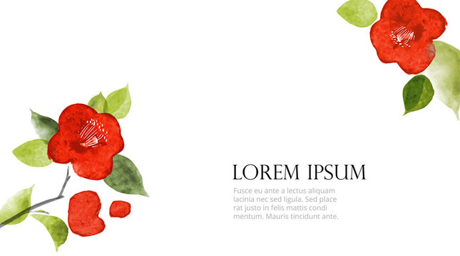 Red japanese camelia flowers on white background with place for your text. Traditional Japanese ink wash painting sumi-e in romantic style.