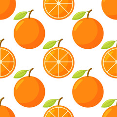 Orange fruit pattern. Sweet beautiful citrus seamless background with yellow juicy oranges