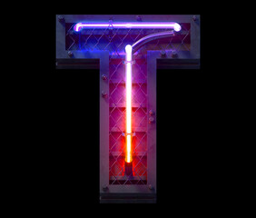 Heavy metal ultra neon font. Letter T.