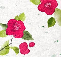 Pink japanese camelia flowers on rice paper background. Traditional Japanese ink wash painting sumi-e in romantic style.