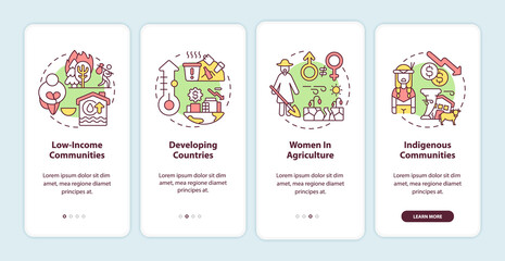 Climate poverty risk groups onboarding mobile app page screen with concepts. Low-income communities, walkthrough 4 steps graphic instructions. UI vector template with RGB color illustrations
