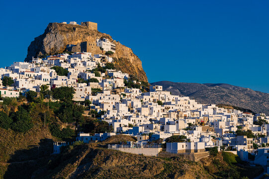 Distant view of Skyros town or Chora, the capital of Skyros island in Greece at sunset