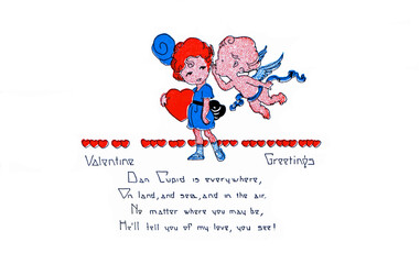 Valentine card early 1900 vintage illustration restored, cupid whispering into the ear of a young lady