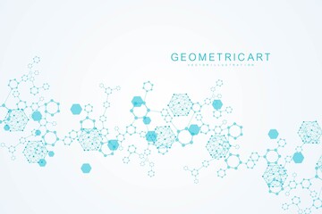 Science network pattern, connecting lines and dots. Technology hexagons structure or molecular connect elements.