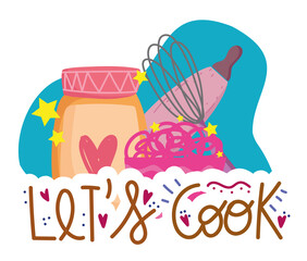 cooking jar jam, noodles and rolling pin in cartoon style