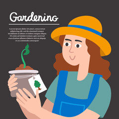 Vector cartoon poster on the theme of garden, gardening, agriculture gardener hobby, spring. Gardener with plants. Flat illustration for use in design