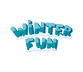 Winter fun hand drawn quote. 3D letters in snow. Outdoor activities. Enjoy cold snowy season. Lettering design for cards, poster, advertising, banner, logo, title, signboard.