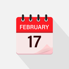 February 17, Calendar icon with shadow. Day, month. Flat vector illustration.