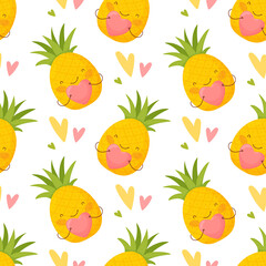 Obraz na płótnie Canvas Seamless pattern for Valentine s Day. Cute cartoon pineapple and colorful hearts.