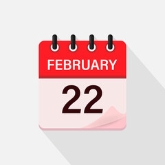 February 22, Calendar icon with shadow. Day, month. Flat vector illustration.