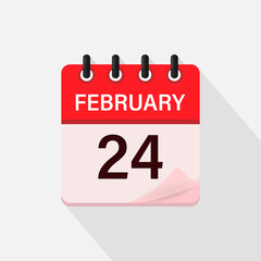 February 24, Calendar icon with shadow. Day, month. Flat vector illustration.