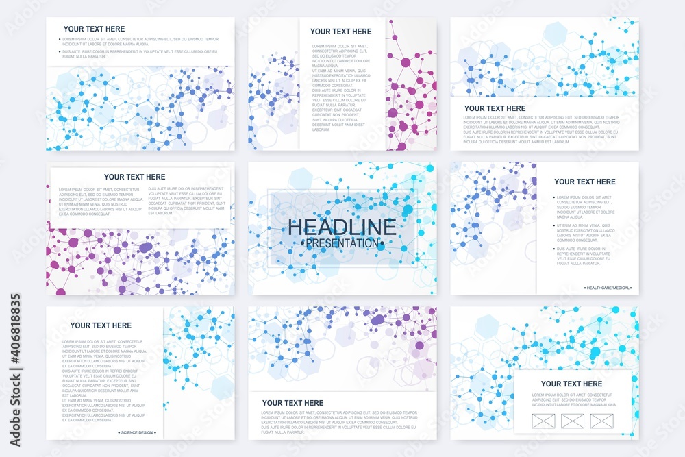 Poster big set of vector templates for presentation slides. modern graphic background structure molecule an