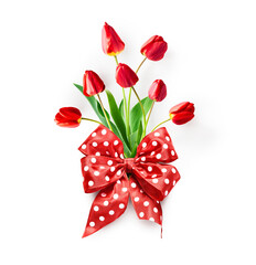 Red tulips bouquet with bow ribbon