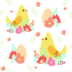 Easter holiday pattern . Vector pattern with chicken. Vector flowers plants. Chicken in the nest. Easter Egg