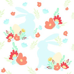 Obraz na płótnie Canvas Easter holiday pattern . Illustration with an Easter bunny. Vector flowers plants. Chicken in the nest. Easter Egg