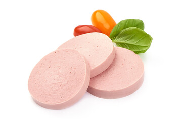 Boiled sausage slices, isolated on white background