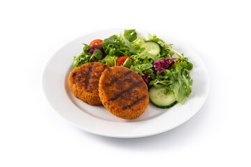 Delicious healthy chickpea burger and salad isolated on white background