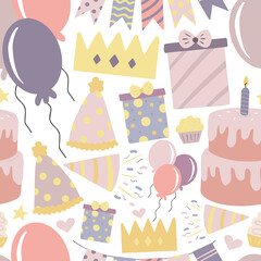 Birthday Seamless pattern.  Ornate pattern with birthday elements. Can be used for wrapping paper. Celebratory background. Holiday Wallpaper.