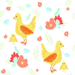 Easter holiday pattern . Vector pattern with chicken. Vector flowers plants. Chicken in the nest. Easter Egg