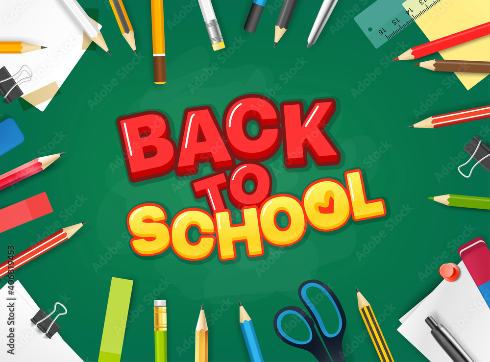 Poster school chalkboard with different objects. vector vertical illustration