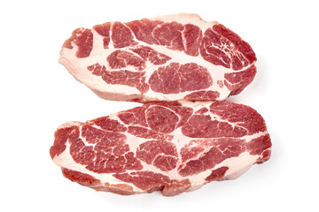 Raw pork steaks, isolated on white background
