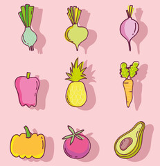 food pattern, fruits and vegetables fresh nutrition, line and fill icons set