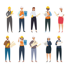 Fototapeta na wymiar Architects and engineers people with helmets and plans icon set vector design