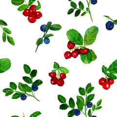 Cranberry and blueberry seamless pattern on white background. Handdrawn watercolor illustration of lingonberry and blackberry bushes. Design for covers, packaging, cards, wallpapers