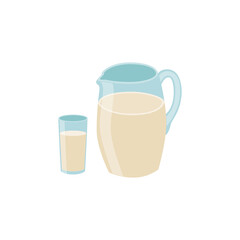 Jug and glass with fresh farm milk, dairy production a flat vector illustration.