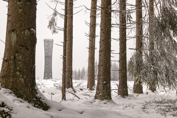 Aussichtsturm zwischen verschneiten Bäumen im Winterwald