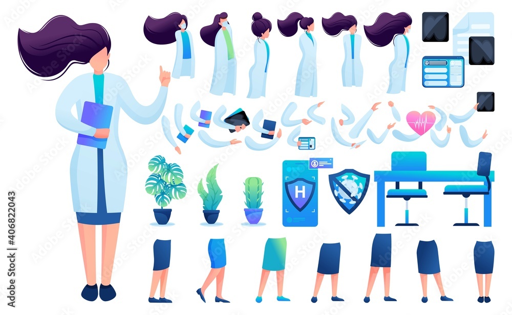 Poster constructor for creating a doctor women. create your own character with a set of hands and feet. fla