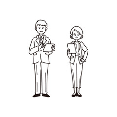 男女のビジネスパーソンのイラスト【線画・塗りなし】
