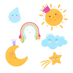 Weather collection with cute cartoon characters. Kids design clipart.