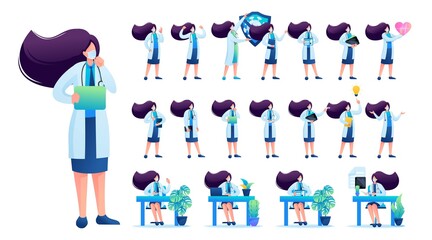 Set of Woman doctor. Presentation in various in various poses and actions. 2D Flat character vector illustration N8