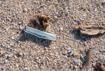 Face mask waste in beach with seashell