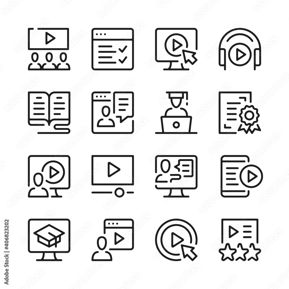 Poster video tutorials line icons set. modern graphic design concepts, simple outline elements collection. 