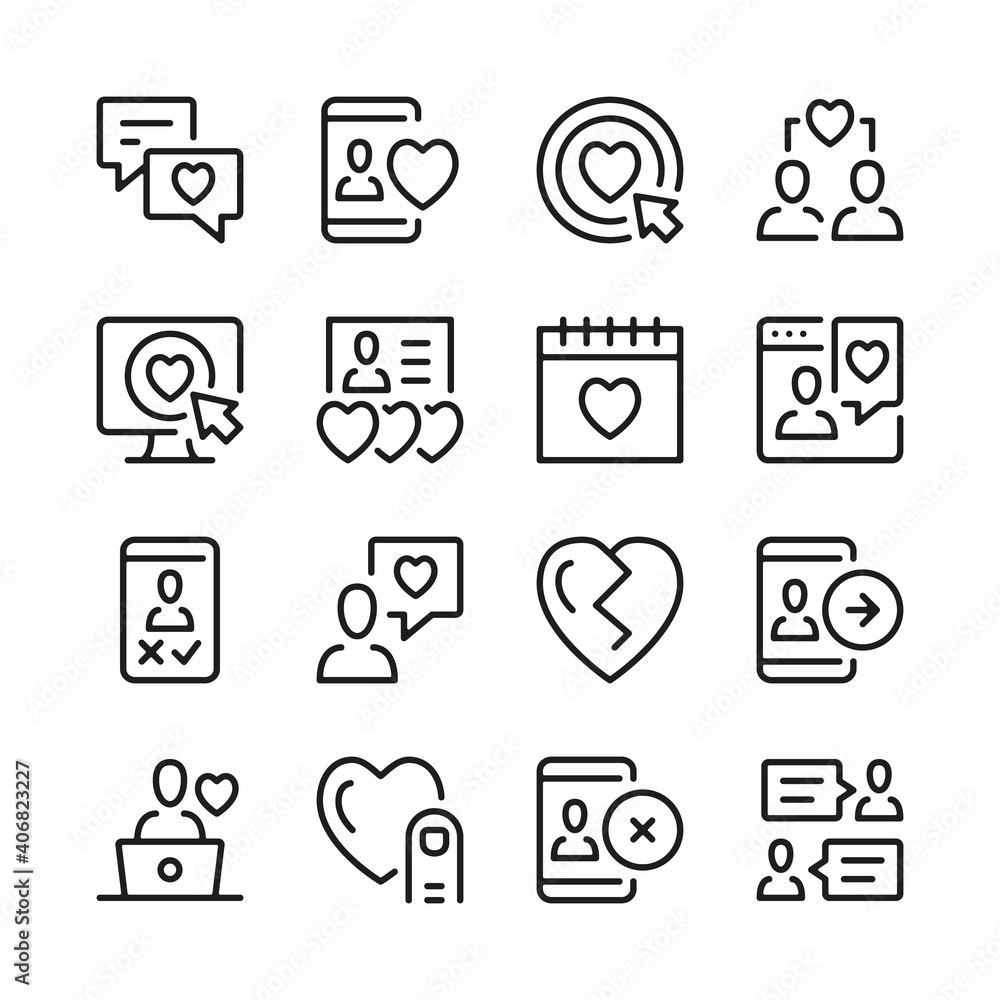 Poster online dating line icons set. modern graphic design concepts, simple outline elements collection. ve
