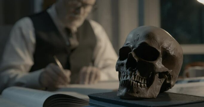 Academic professor studying a human skull