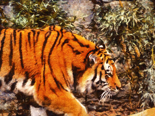 Tiger on the background of plants. Artistic work on the theme of animals