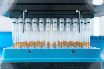 Automation in the clinical laboratory. Pipetting robot laboratory. Medicine robotics. Research and...