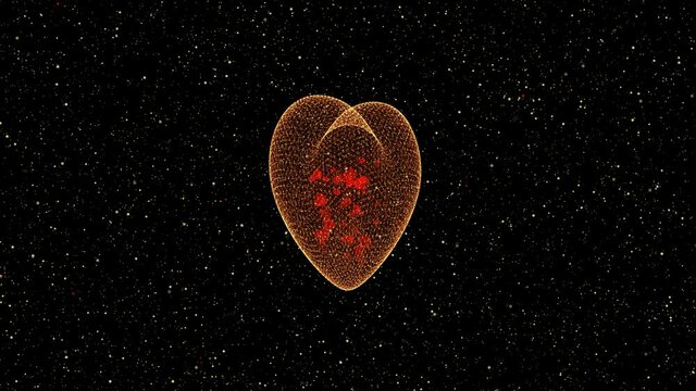 3D Particles Rotating Hearth, Love, Happy Valentine`s Day Concept, Black Shinning Red Yellow Particles Background