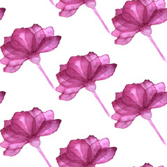 White-purple floral seamless pattern. Repeating background with simple watercolor flowers. Hand drawn décor for fabric print or wallpaper.