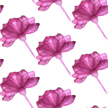 White-purple floral seamless pattern. Repeating background with simple watercolor flowers. Hand drawn d&eacute;cor for fabric print or wallpaper.