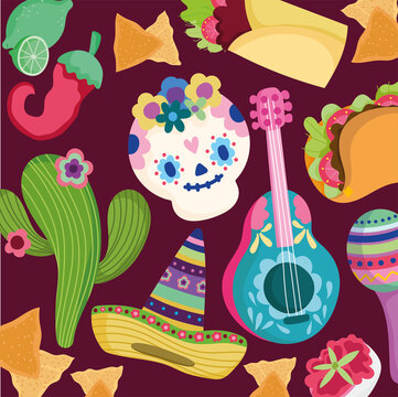 mexico day of the dead culture traditional skull cactus hat guitar food background